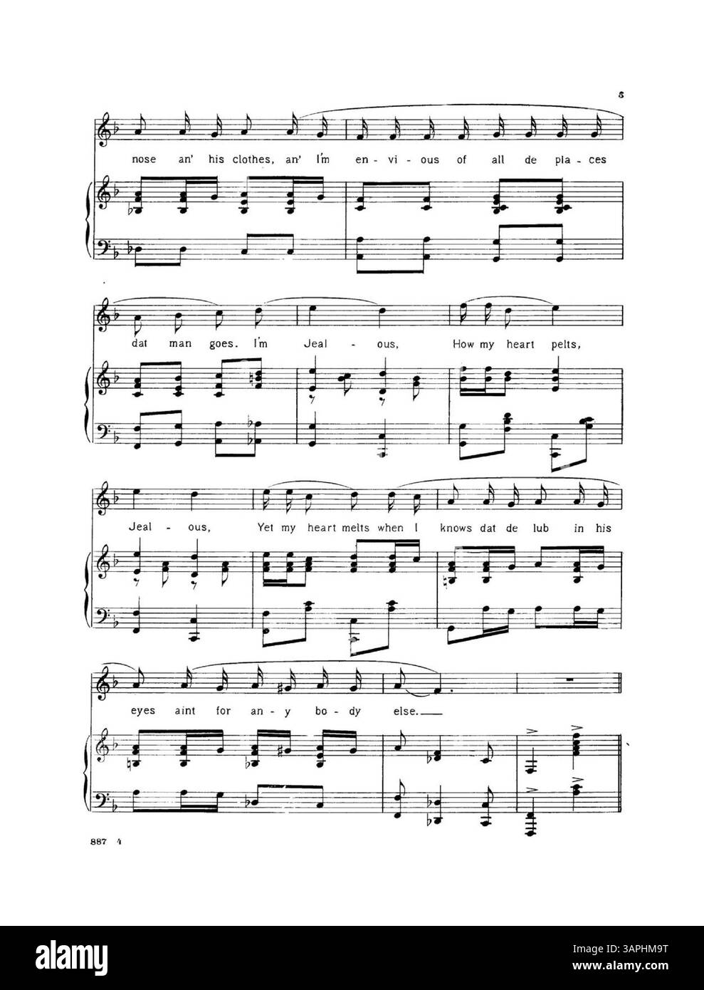 Der Song „Eifersucht“ von Thiebes Stierlin Music Co. Zeigt eine Coverwerbung mit musikalischen Ausschnitten aus vier anderen Songs. Das Kennzeichen ist 887 4, und die Werbung wirbt für weitere Werke des Verlags. Das digitale Bild kann farblich vom Original abweichen, wobei auf der Rückseite andere Kompositionen in der Sammlung hervorgehoben werden. Stockfoto