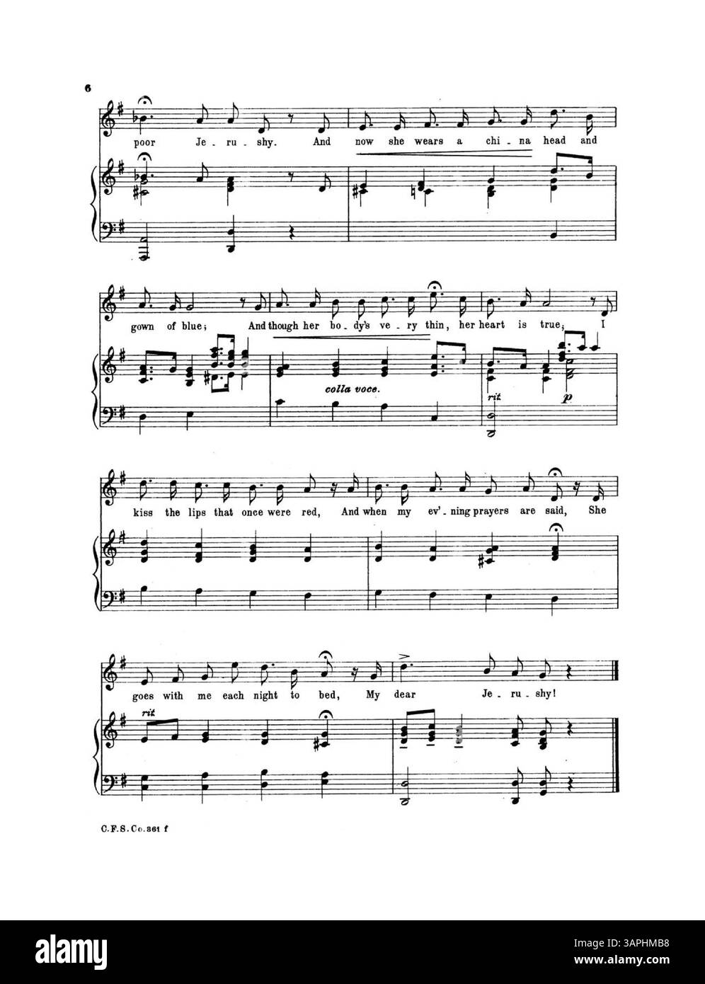 Das Notenblatt für My Dear Jerushy enthält ein Gedicht von Alice C.D. Riley und Musik von Jessie L. Gaynor. Es enthält eine Sopranstimme auf Seite 7 und eine Werbung für weltliche und geistliche Lieder. Das Werk repräsentiert die amerikanische Musik des frühen 20. Jahrhunderts und die Verlagspraxis von Clayton F. Summy Co. Stockfoto