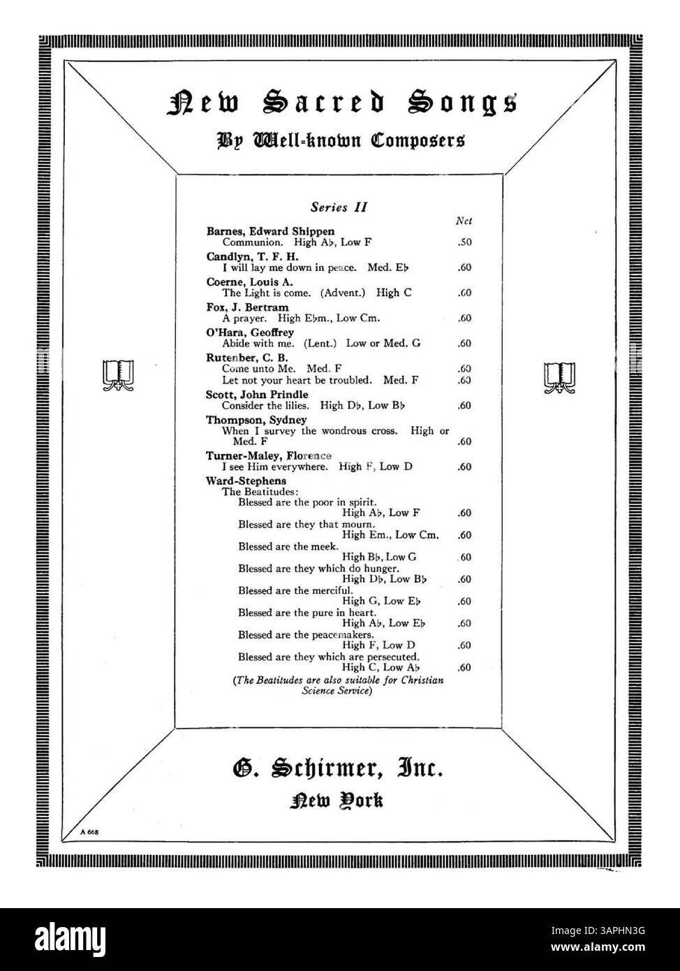 Ein Lied mit dem Titel „God is Spirit“ von Gertrude Ross. Er ist für hohe Stimme eingestellt und enthält Text aus Johannes 23-24 und Offenbarung 22:17. Auf der Rückseite ist eine Werbung für „neue geistliche Lieder bekannter Komponisten, Serie II“ zu sehen. Bitte beachten Sie, dass die Farbdarstellung im digitalen Bild erheblich vom Original abweichen kann. Stockfoto