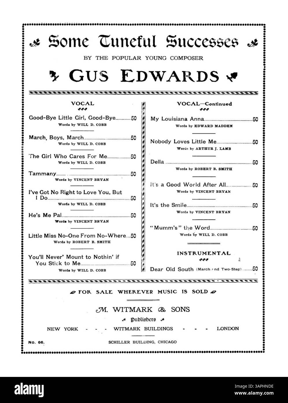 Brother Masons enthält Texte von Vincent Bevan und Musik von Gertrude Hoffman, die auf „When We Are Forty One“ mit Texten von Robert B. Smith und Musik von Gus Edwards verweisen. Enthält eine Musicalpartitur und eine Liste von Liedern von Gus Edwards. Stockfoto