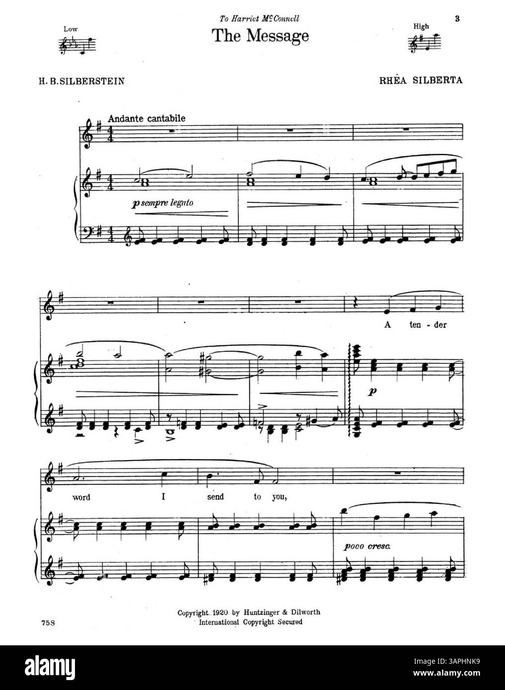 Das Notenblatt enthält den Titel „The Message“ mit Songtext von B.B. Silberstein und Musik von Rhea Silberta. Das Cover enthält die Note „to Harriet McConnell“ und ist für eine hohe Stimme markiert. Auf der Rückseite befindet sich eine Werbung für „A Success Song, Yohrzeit“ von Rhea Silberta. Das Kennzeichen 758 wird mitgeliefert. Die Bildfarbe kann von der Originalfarbe abweichen und es fehlen Beschriftungen. Stockfoto