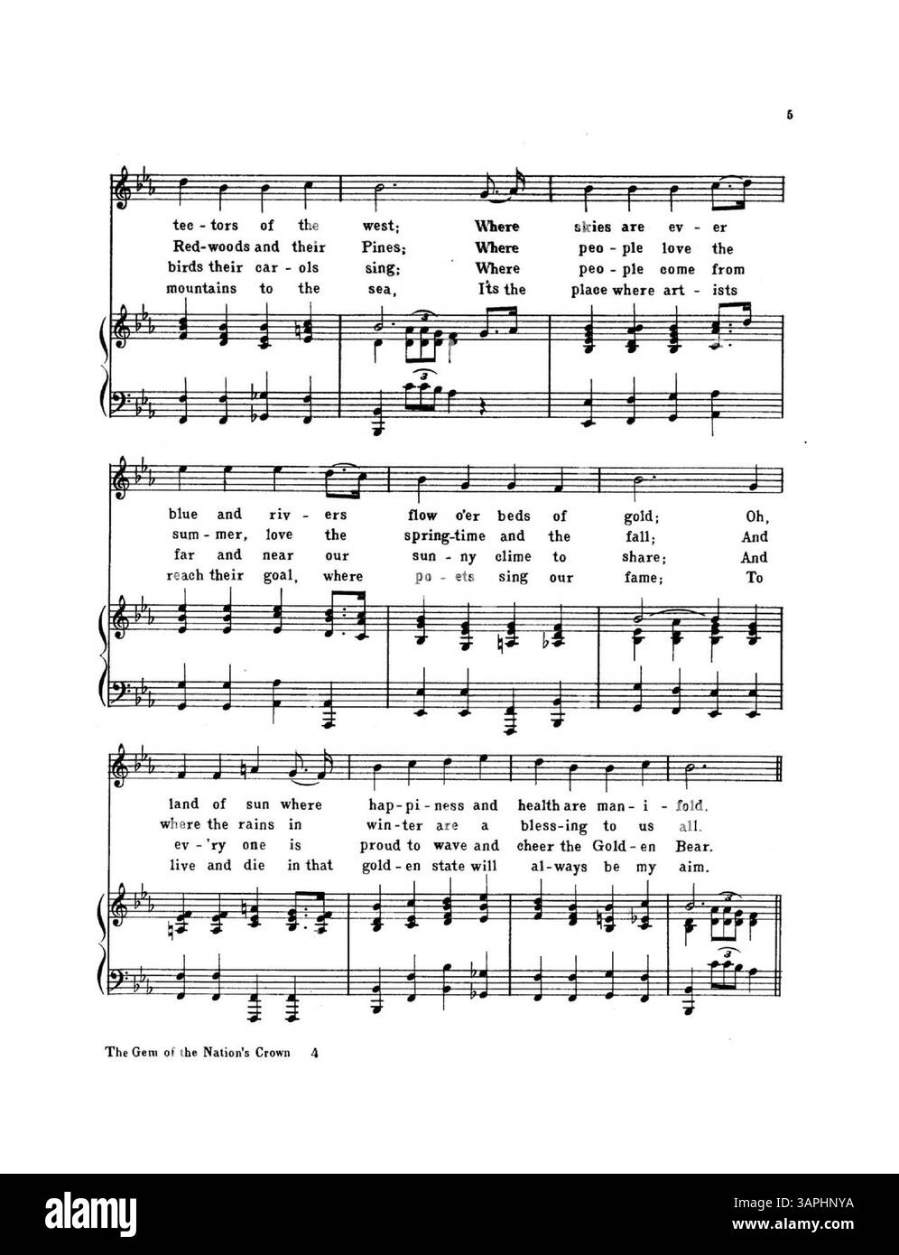 Das Notenblatt für „The Gem of the Nation's Crown, California“ von Roxana Wales Weihe, gespielt von Bariton Frederick G. Harrison Jr. Das Stück ist den Native Sons of the Golden West gewidmet und zeigt musikalische Elemente, die die amerikanische Kultur des frühen 20. Jahrhunderts widerspiegeln. Stockfoto