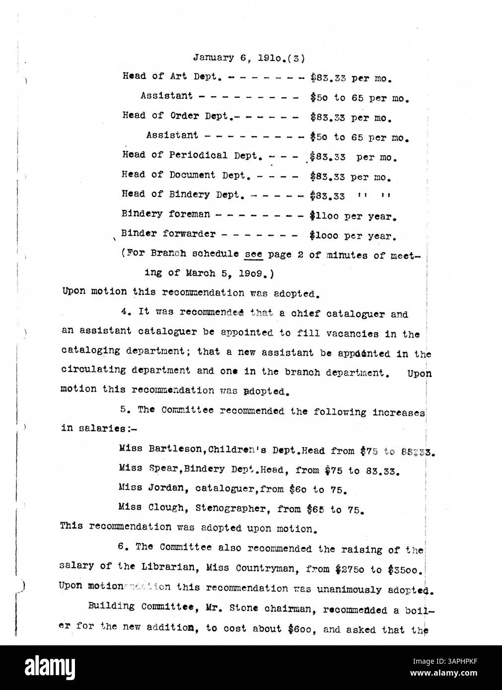 Das Sitzungsprotokoll des Verwaltungsrats der Minneapolis Public Library 1910, in dem wichtige Entscheidungen im Zusammenhang mit dem Bibliotheksbetrieb und der Verwaltung der Hennepin County Library dokumentiert werden. Dieses Archiv zeigt die Governance- und Verwaltungsfunktionen der damaligen Zeit auf. Stockfoto