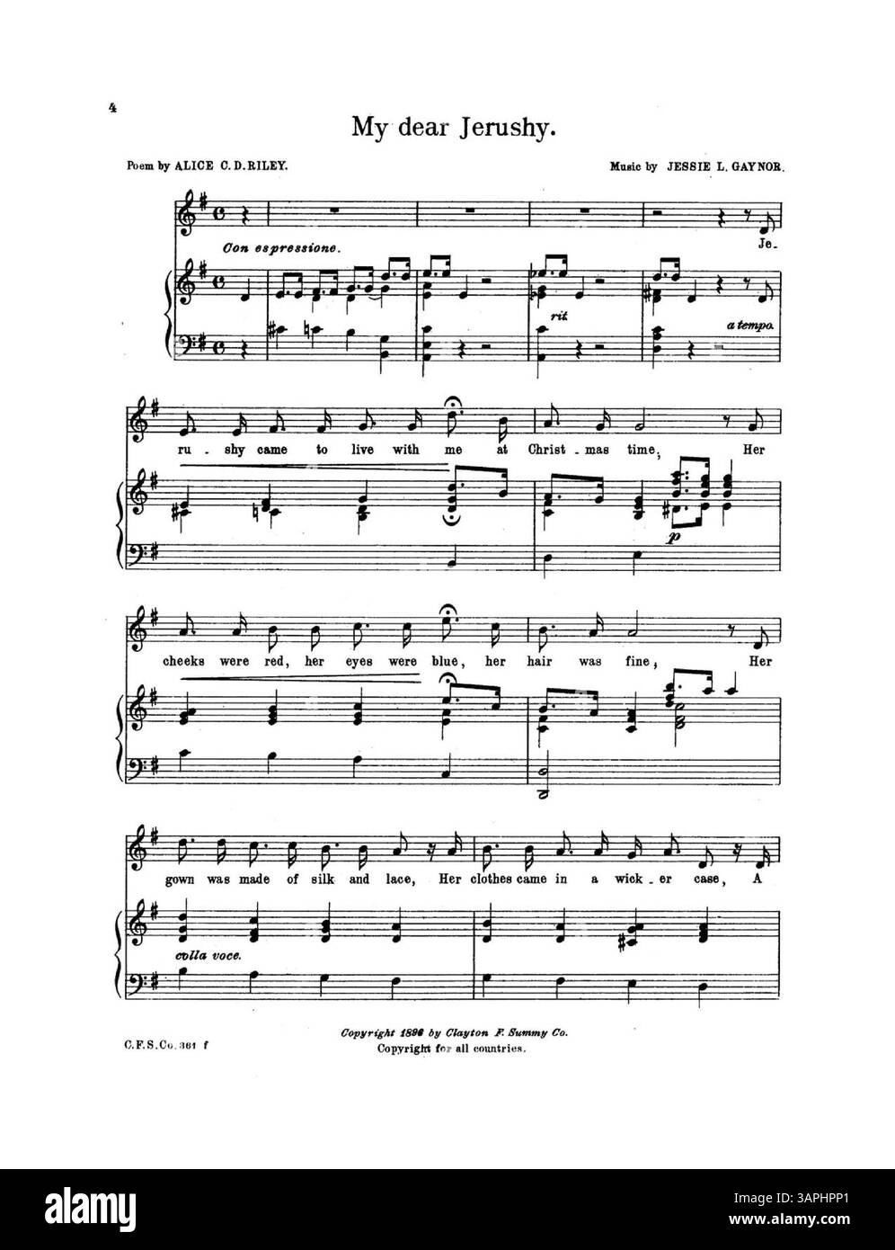 Das Notenblatt für My Dear Jerushy enthält ein Gedicht von Alice C.D. Riley und Musik von Jessie L. Gaynor. Es enthält eine Sopranstimme auf Seite 7 und eine Werbung für weltliche und geistliche Lieder. Das Werk repräsentiert die amerikanische Musik des frühen 20. Jahrhunderts und die Verlagspraxis von Clayton F. Summy Co. Stockfoto