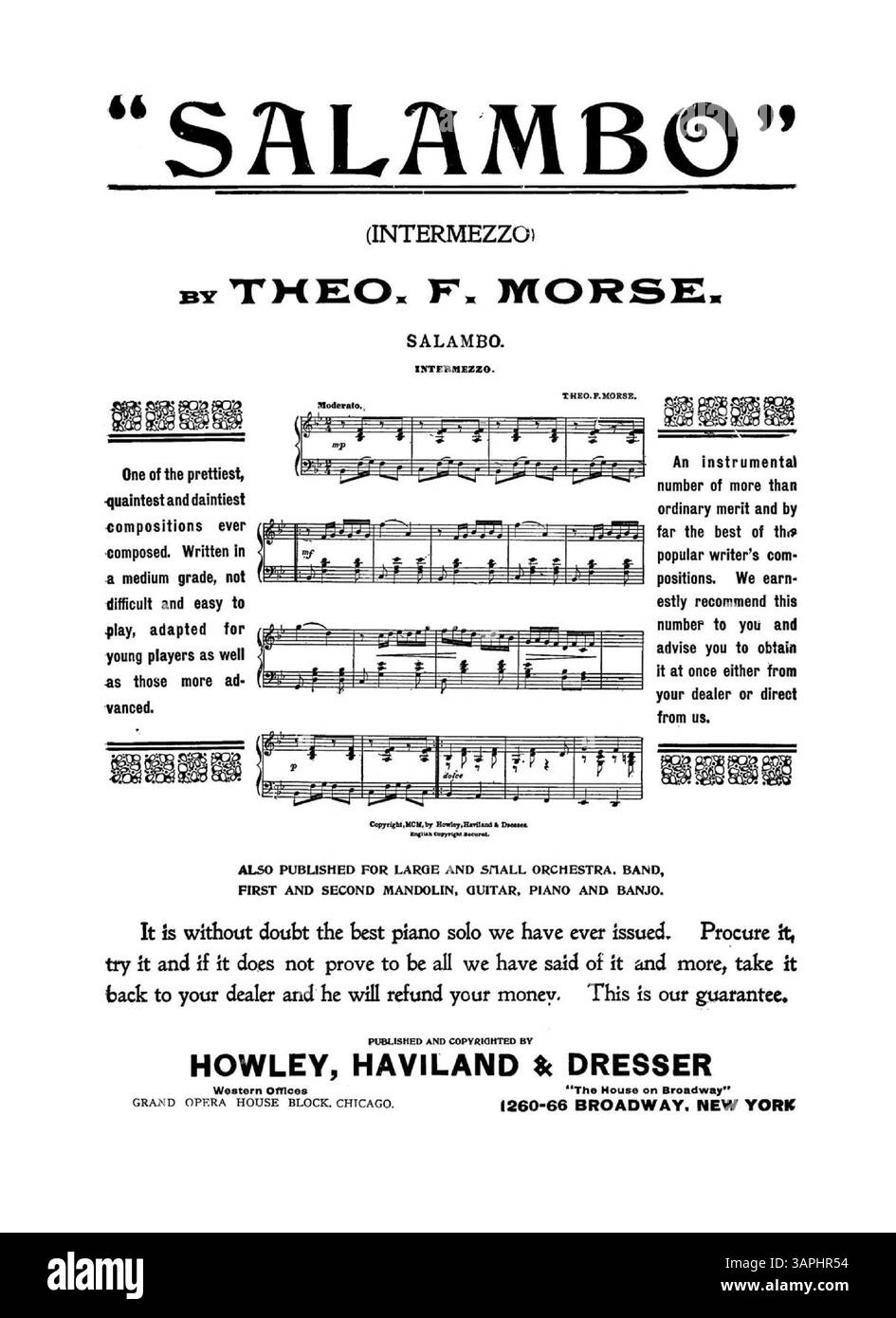 Diese Publikation enthält eine Vielzahl von Werbeanzeigen für klassische Musik, darunter „A Cluster of instrumental Compositions“ von Pauline B. Story. Auf der Rückseite befindet sich ein musikalischer Auszug zu „Way Down Yonder“ von Paul Rubens, während es im Inneren Anzeigen für „A Night in Naples“ und „in the Whirl of Pleasure“ gibt. Diese Anzeigen bieten eine Momentaufnahme der Musikszene zu dem Zeitpunkt. Stockfoto