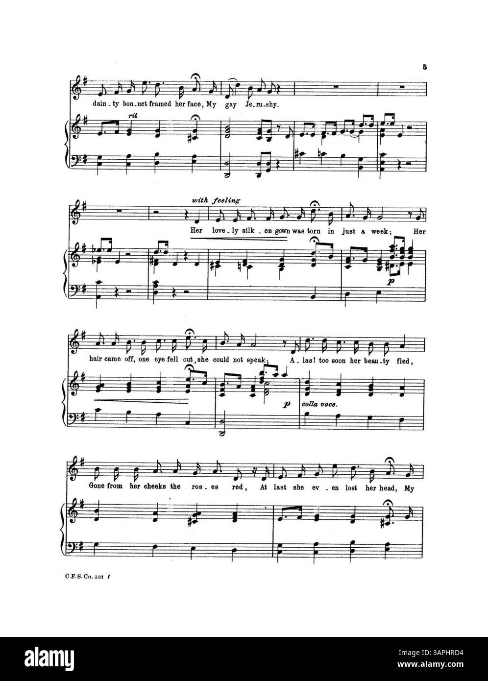 Das Notenblatt für My Dear Jerushy enthält ein Gedicht von Alice C.D. Riley und Musik von Jessie L. Gaynor. Es enthält eine Sopranstimme auf Seite 7 und eine Werbung für weltliche und geistliche Lieder. Das Werk repräsentiert die amerikanische Musik des frühen 20. Jahrhunderts und die Verlagspraxis von Clayton F. Summy Co. Stockfoto