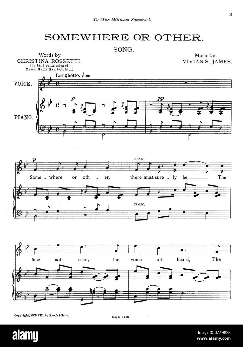 Die Notenschrift enthält Musik von Vivian St. James, Text von Christina Rossetti, herausgegeben von Messrs Macmillan & Co. Ltd Es enthält eine Widmung an Miss Millicent Somerset und die Partitur in B-Dur. Auf der Rückseite des Covers werden populäre Songs von Enoch & Sons sowie ein Set von fünf Liedern mit dem Titel „A Cycle of Life“ von Landon Ronald und Madame Melba geworben. Stockfoto