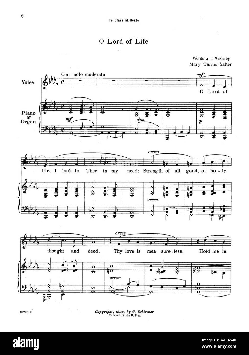 O Lord of Life ist ein Lied in D-Dur aus Songs & Ballads von Mary Turner Salter. Das Lied ist Clara M. Beale gewidmet. Das Cover enthält den Titel „Words and Music by Mary Turner Salter“, und die Nummernschild ist 18735. Auf der Rückseite ist das Logo des Herausgebers zu sehen. Die Farbdarstellung kann vom Original abweichen, und Anmerkungsinformationen können über die Musikdienste abgerufen werden. Stockfoto