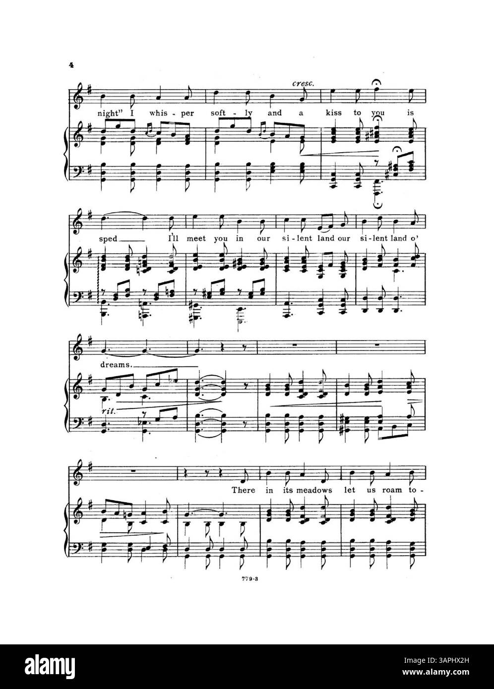 Das Notenblatt des Songs Good Night enthält Texte von Elsie Reasoner und Musik von Charlotte Lund. Es enthält eine Nummernmarke von 779-3 und eine Liste auf der Rückseite für weitere Lieder erfolgreicher Komponisten. Das Cover auf der Rückseite hebt auch andere Balladen und Lieder hervor. Stockfoto