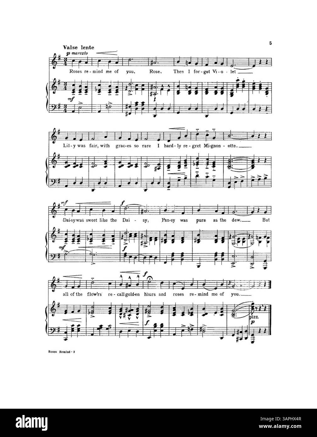 „Roses Remember Me of You“ enthält eine ganzseitige Anzeige für Jerome H. Remick & Co. „Neueste Publikationen“ auf der zweiten Seite. Der Werbespot enthält musikalische Ausschnitte aus den Liedern „Moon Bird“ von Johann C. Schmid und J.E. Dempsey und „Lady Love“ von Albert Gumble und WM McKenna. Stockfoto