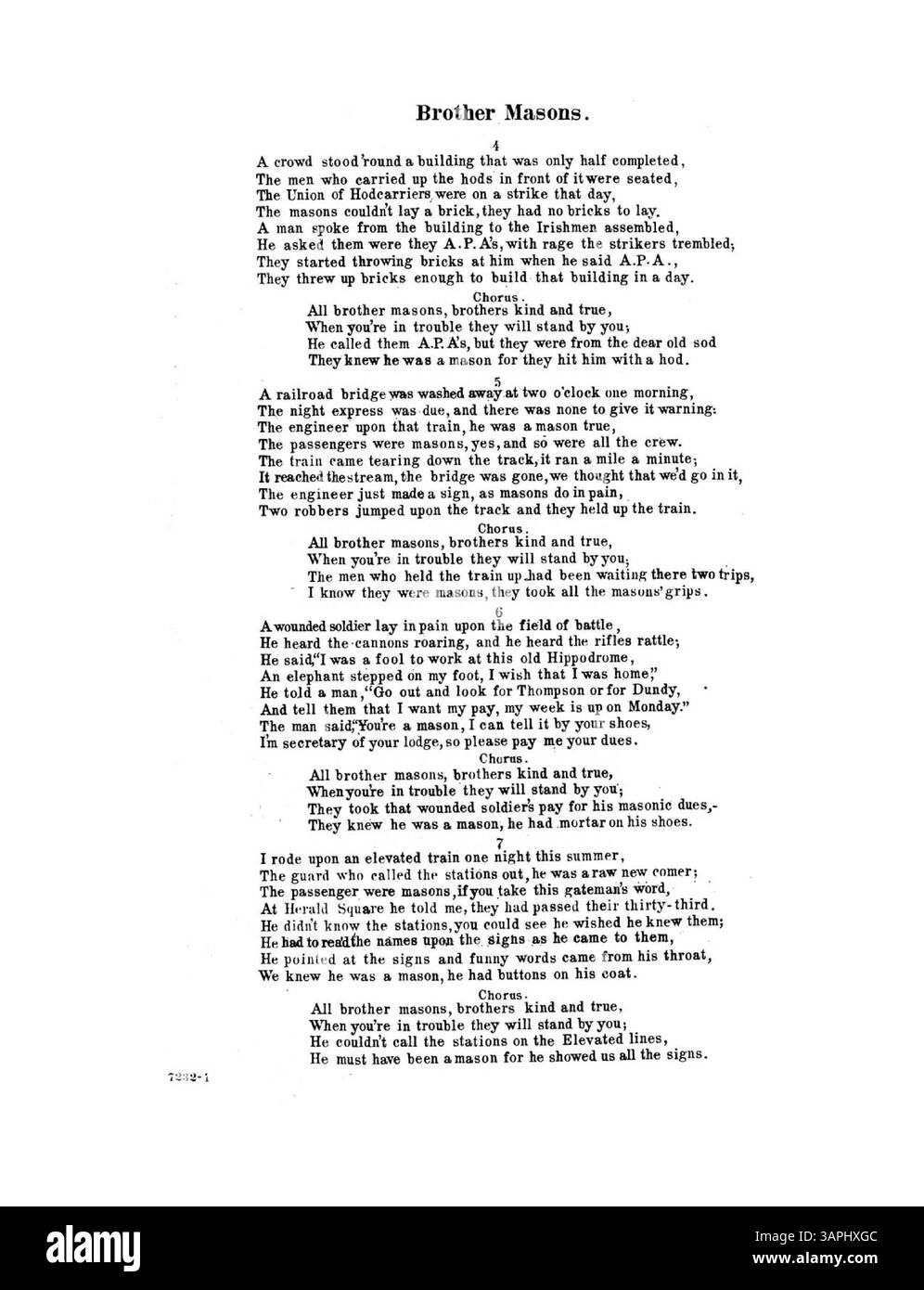 Brother Masons enthält Texte von Vincent Bevan, Musik von Gertrude Hoffman und einen Bezug zu When We Are Forty One mit Texten von Robert B. Smith und Musik von Gus Edwards. Kennzeichen 7232, mit weiteren Liedern, die auf der Rückseite von Gus Edwards aufgeführt sind. Stockfoto