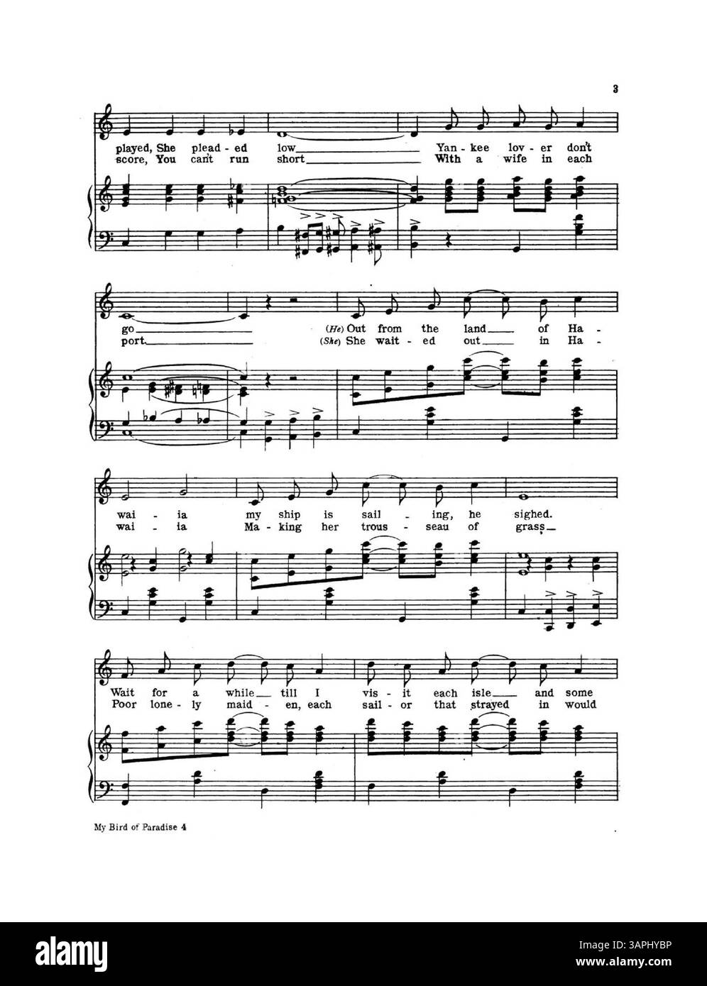 Bird of Paradise ist ein musikalisches Duett für männliche und weibliche Stimmen mit Klavier, mit Texten von Edward Madden und Musik von Max Hoffmann. Es war Teil der Broadway-to-Paris-Produktion der Shubert Theatrical Company mit einer Opernausgabe. Stockfoto