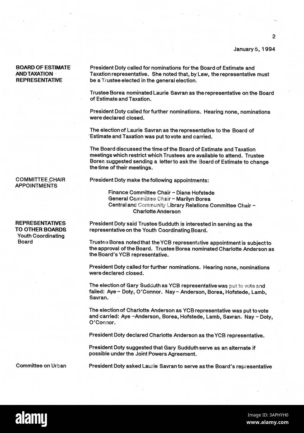 Das Sitzungsprotokoll des Verwaltungsrats der Minneapolis Public Library 1994 enthält einen Bericht über die Entscheidungen und Diskussionen des Verwaltungsrats im Zusammenhang mit der Verwaltung der Bibliothek für das Jahr. Stockfoto