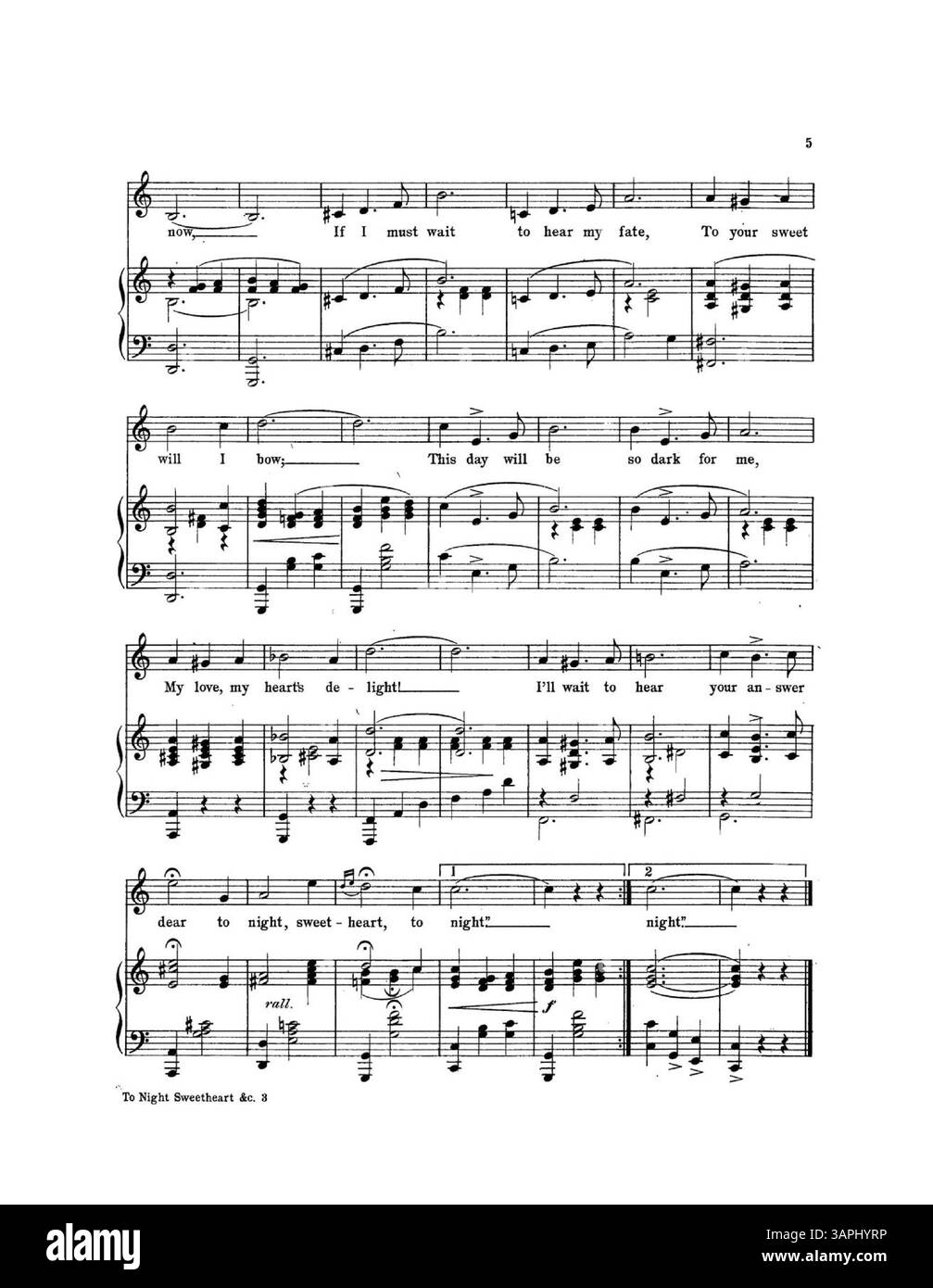 Auf der Rückseite von „To-Night, Sweetheart, To-Night“ befindet sich eine ganzseitige Farbwerbung für Jerome H. Remick & Co.'s „neueste Publikationen“ mit einem musikalischen Auszug aus „The Garden of Roses“ von Johann C. Schmid und J.E. Dempsey. Stockfoto