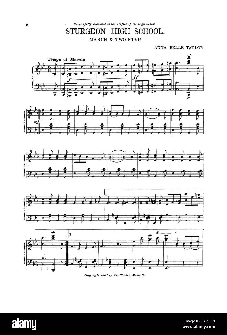 Cover des Notenblatts für den „Sturgeon High School“-märz und Two-Step, respektvoll den Schülern der Sturgeon High School gewidmet. Die Rückseite enthält eine Werbung für andere Lieder wie Railroad Galop, The Sleigh Ride und The Tambourine March, die grün mit einem Grunduntergrund gedruckt sind. Stockfoto