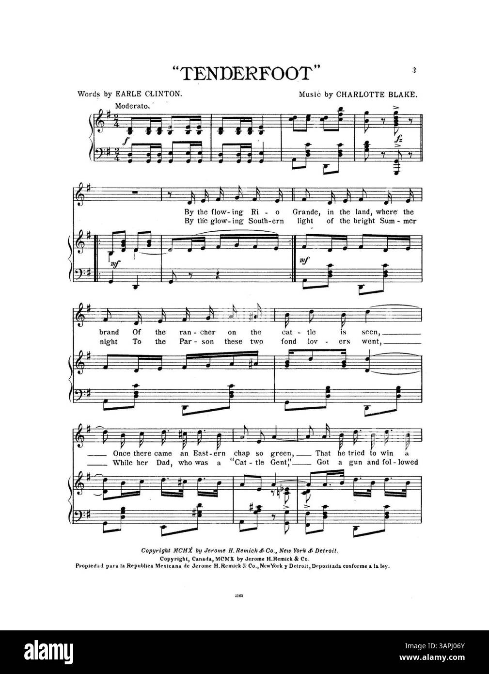 Die zweite Seite enthält eine ganzseitige Werbung für Jerome H. Remick & Co.'s neueste Publikationen, einschließlich eines musikalischen Ausschnitts aus What's the Matter with Father von Williams und Van Alstyne. Die Rückseite zeigt eine weitere Werbung für Remick & Co., mit einem Auszug aus „The Moonlight, the Rose and You“ von Chas E. Baer und Johann C. Schmid. Stockfoto