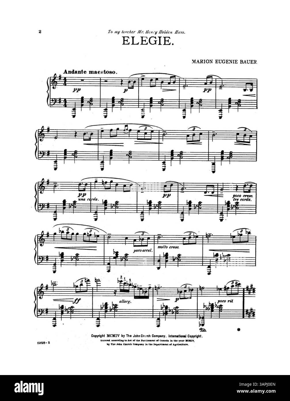 Elegie ist eine Klavierkomposition von Marion E. Bauer, die in ihrer Sammlung mit dem Titel „Piano Compositions by Marion E. Bauer“ enthalten ist. Das Stück ist ihrem Lehrer, Mr. Henry Holden Huss, gewidmet. Das Werk ist unter der Nummer 14698 katalogisiert. Die Farbe der digitalen Darstellung kann vom Original abweichen, und Anmerkungen sind nicht in der digitalen Version enthalten. Stockfoto