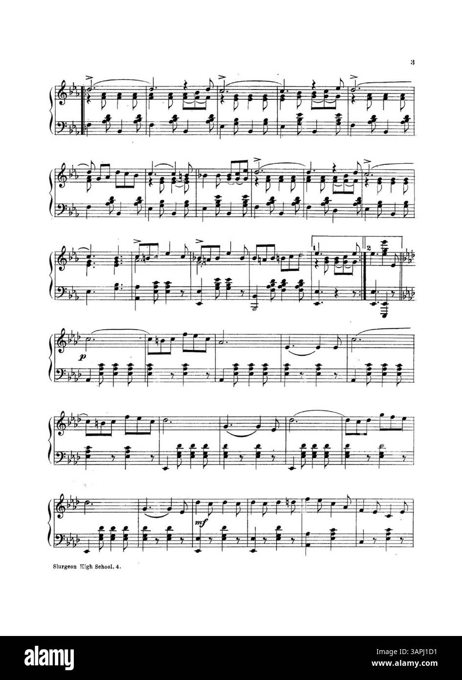 Cover des Notenblatts für den „Sturgeon High School“-märz und Two-Step, respektvoll den Schülern der Sturgeon High School gewidmet. Die Rückseite enthält eine Werbung für andere Lieder wie Railroad Galop, The Sleigh Ride und The Tambourine March, die grün mit einem Grunduntergrund gedruckt sind. Stockfoto