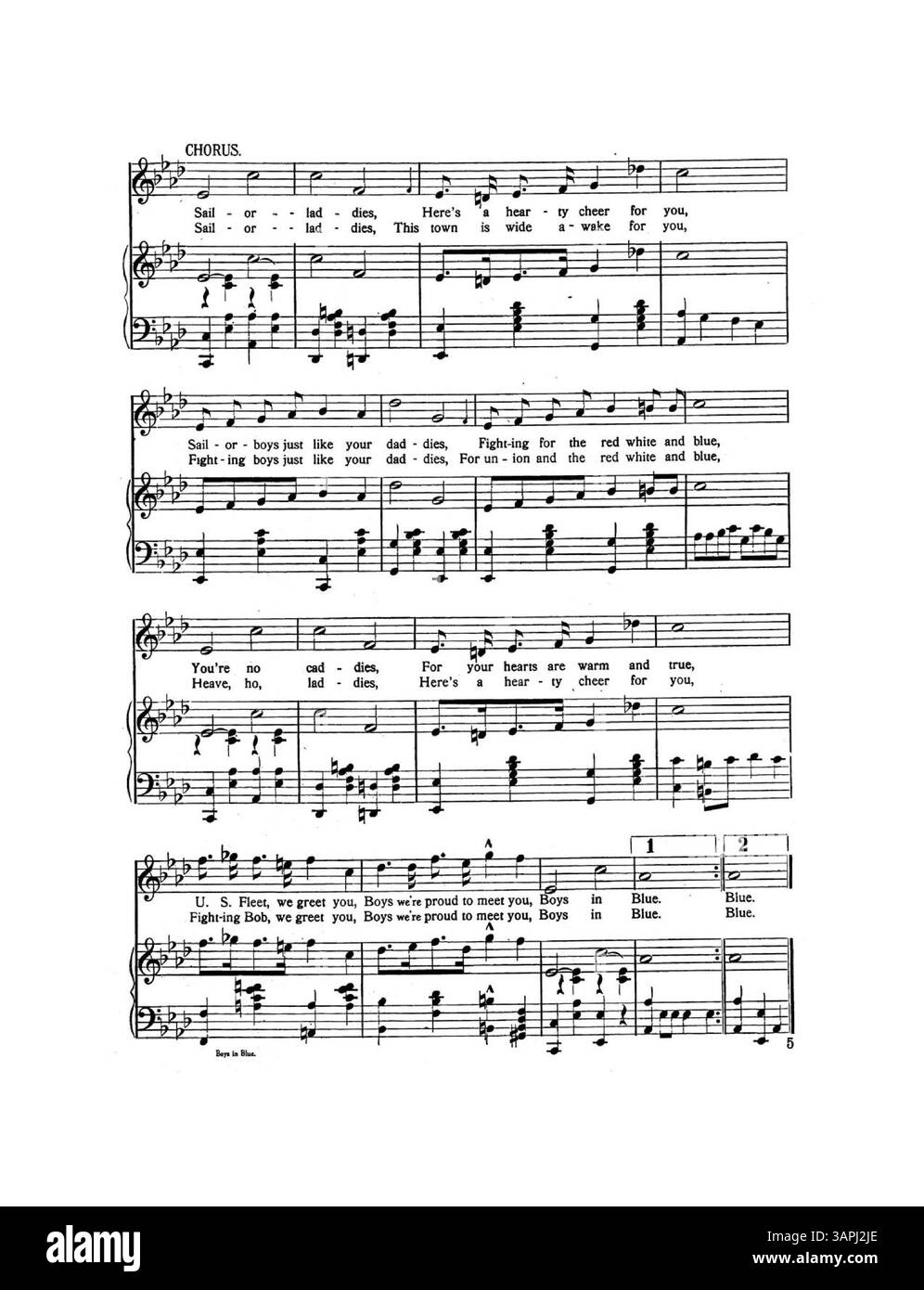 Das Notenblatt, geschrieben von Frau Lily Schlesinger, enthält das Lied „Boys in Blue“. Die Farbe des digitalen Bildes kann vom Original abweichen und darf keine Beschriftungen enthalten. Ausführliche Informationen zu Anmerkungen erhalten Sie bei Music Services. Stockfoto