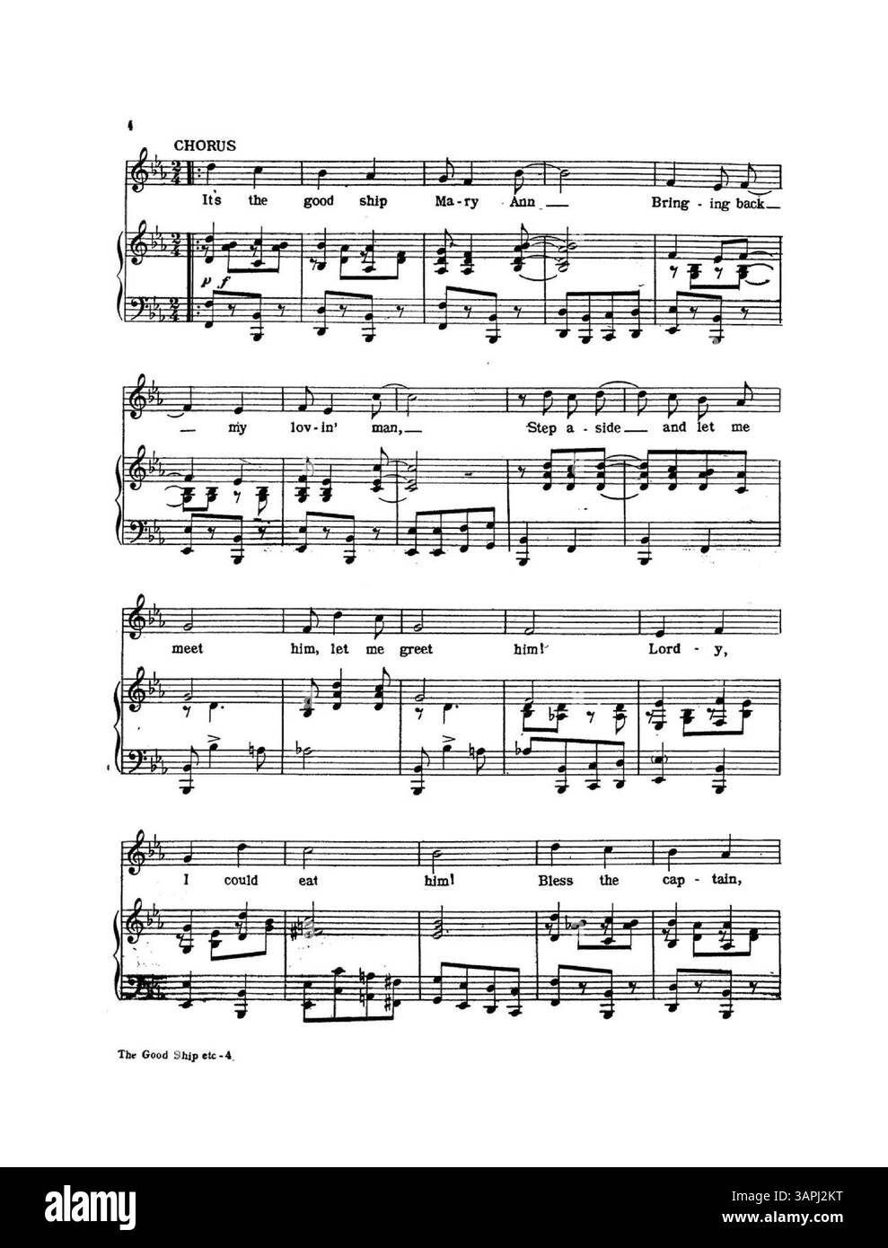 Die Rückseite des Notenblatts für The Good Ship Mary Ann enthält eine große Werbung für das Lied On A Good Old Time Sleigh Ride, das weitere Noten-Titel aus der gleichen Zeit fördert. Stockfoto