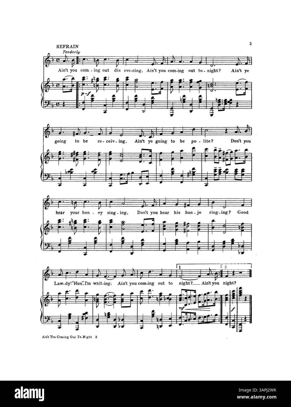 Das Bild repräsentiert die beliebte Ausgabe des Songs Ain't You Coming Out To-Night mit Musik von H. Blanke-Belcher und Texten von Ren Shields. Das Innere enthält eine Werbung und ein Cover für „The Garden of Roses“, während auf der Rückseite eine Anzeige für „es macht einen großen Unterschied, wenn man mit dem Mädchen ist, das man liebt“ angezeigt wird. Farbabweichungen können vorhanden sein. Stockfoto