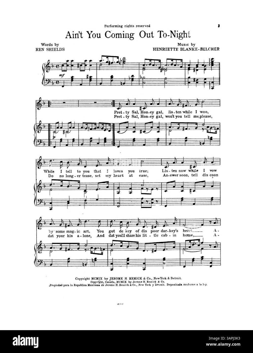 Notenblatt für den Song Ain't You Coming Out Tonight, mit Text von Ren Shields und Musik von H. Blanke-Belcher. Das Cover enthält Werbung für andere Lieder. Stockfoto