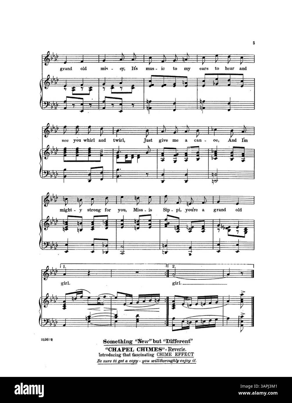 Das Notenblatt enthält den Titel „Mrs. Sippi You're a Grand Old Girl“. Der hintere Umschlag ist eine ganzseitige Werbung von „The Saturday Evening Post“ von Leo Feist Inc Auf der dritten, vierten und fünften Seite finden sich Werbespots für „A Zut Alors“, „The Uriel Maxixe“ und „Chapel Chimes“ aus dem Stück „Pretty Mrs Smith“ von Oliver Morosco. Stockfoto