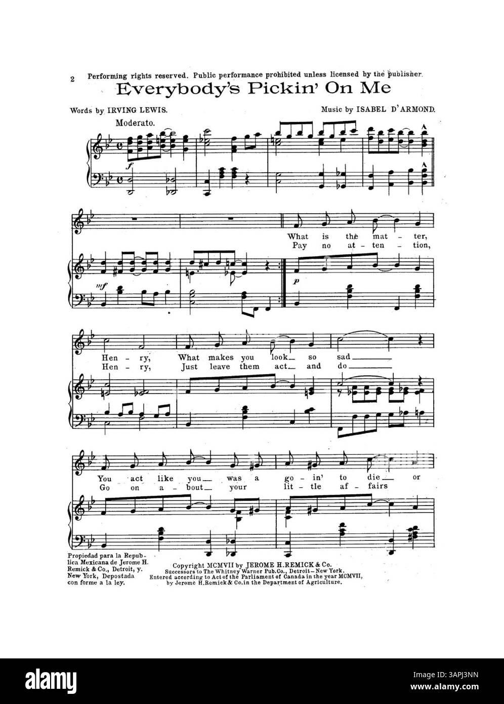 Das Notenblatt ist Alfred Henry Lewis gewidmet, mit Worten von Irving Lewis und Musik von Isabell D’Armond. Die Rückseite zeigt eine Werbung für „Yo“ Eyes Are Open But Yo“ Sound Sleep, zusammen mit einem Foto der südländischen Sängerin Clarice Vance. Stockfoto