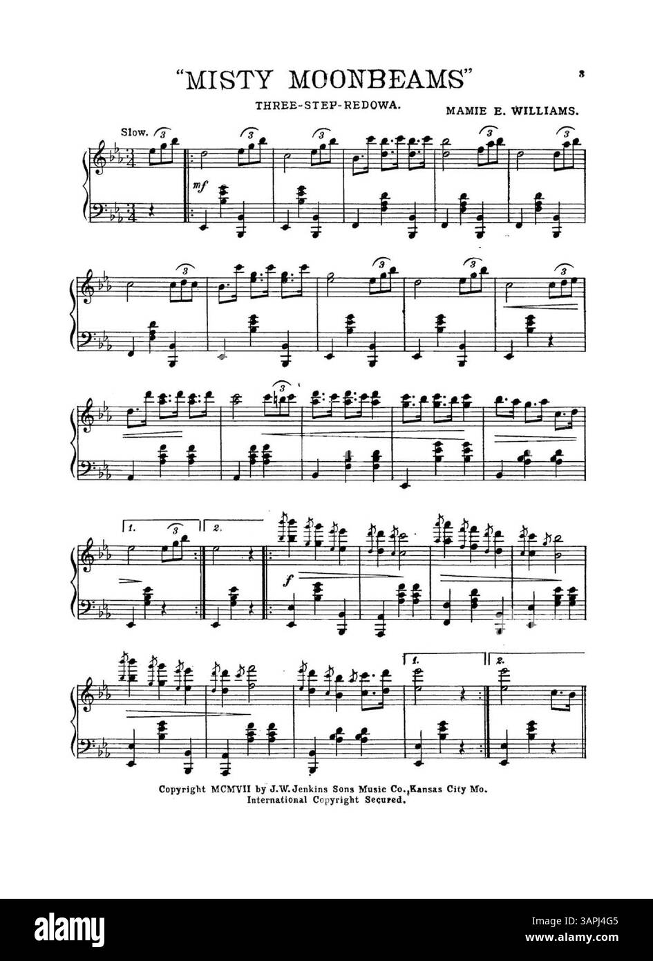 Das Cover von Misty Moonbeam, komponiert von Mamie Williams, auch bekannt für Pig Knöchel Rag. Das Innere enthält einen ganzseitigen Auszug aus „Supplication“ von Martin Davids und „Repose“ von Thurlow Lieurance. Die Rückseite enthält Werbung für Lieder wie „If That Place Called Heaven Was Mine“ und „Indian Summer“. Stockfoto