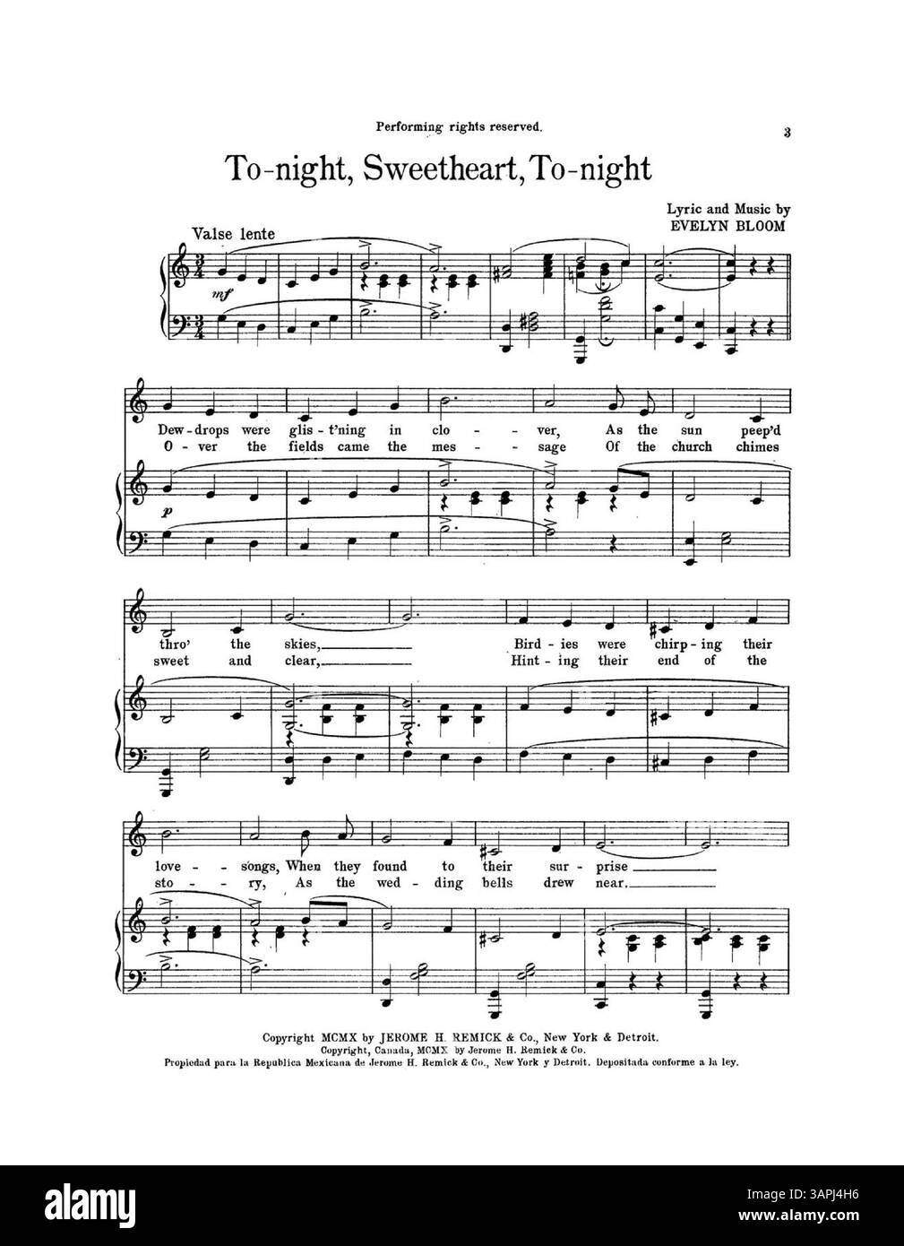 Das hintere Cover von „To-Night, Sweetheart, To-Night“ ist eine ganzseitige Werbung für Jerome H. Remick & Co.'s „Latest Publications“, mit einem musikalischen Auszug aus „The Garden of Roses“ von Johann C. Schmid und J.E. Dempsey. Stockfoto