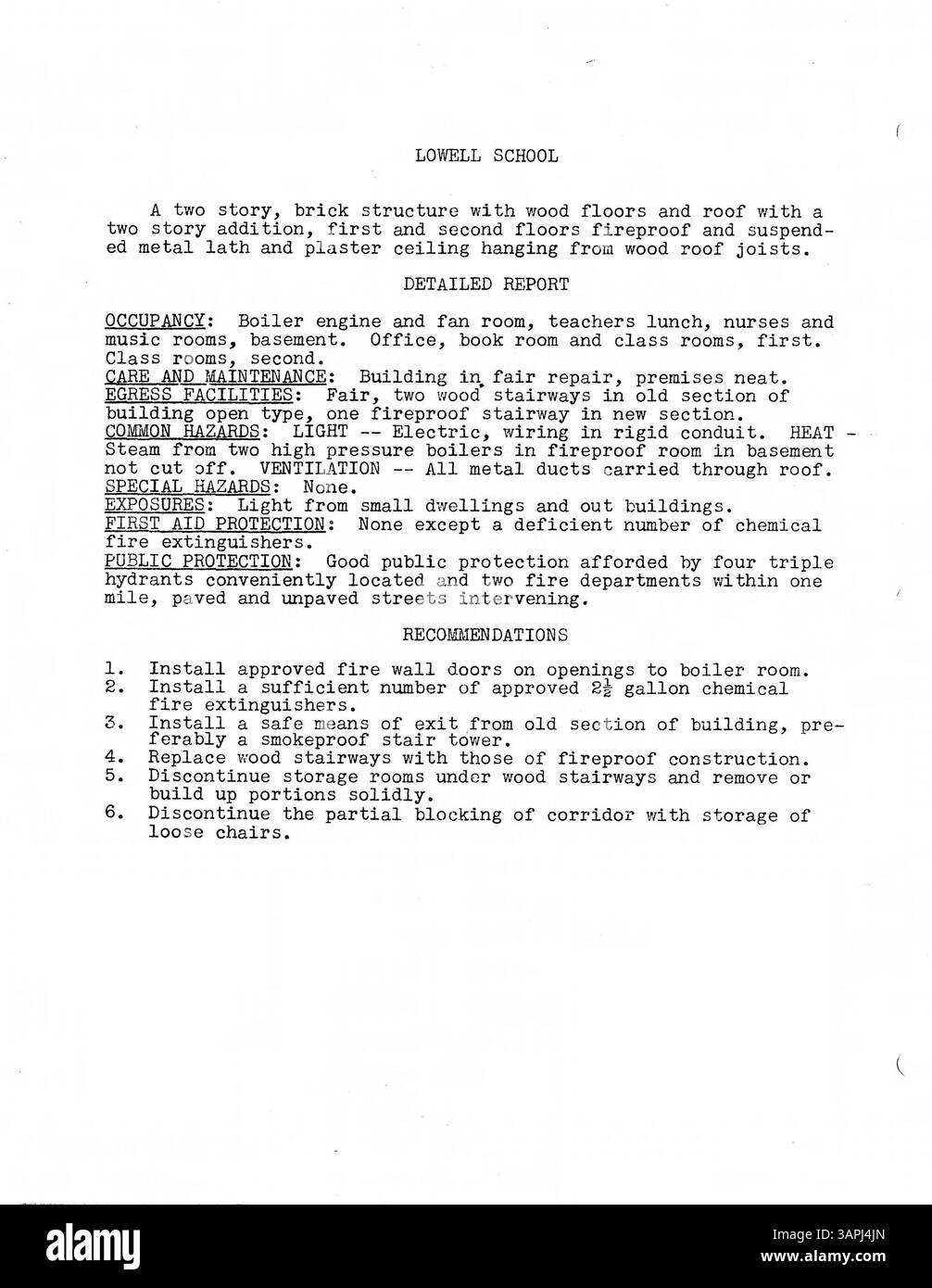 Dieser Bericht enthält die Ergebnisse einer Brandschutzinspektion, die vom General Inspection Bureau an den Minneapolis Public Schools durchgeführt wurde. Sie enthält Berichte über die Feuerversicherung, Gebäudegeschichte, Pläne und Fotos für jedes Schulgebäude. Darüber hinaus umfasst es vier neue Schulgebäude, die seit 1931 fertiggestellt wurden. Innenaufnahmen sind im Anhang enthalten. Stockfoto