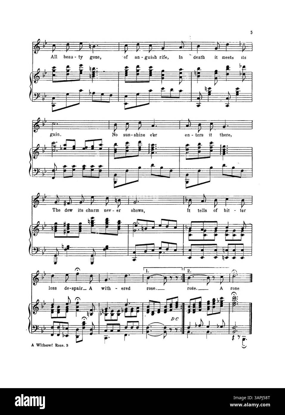 Das Lied „Withered Rose“, veröffentlicht von Jerome H. Remick & Co., ist mit der Nummer 8740 gekennzeichnet. Es enthält Werbung für „neueste Publikationen“ und einen musikalischen Auszug aus „Sweet Red Roses“ auf der Innenseite des Covers. Auf der Rückseite befindet sich eine blaue Werbung mit einem Auszug aus „Winter“. Stockfoto