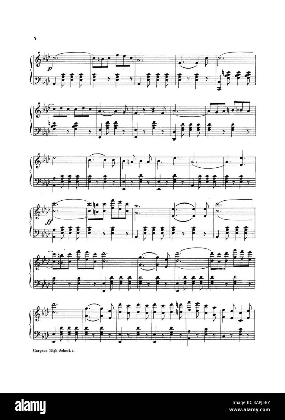 Cover des Notenblatts für den „Sturgeon High School“-märz und Two-Step, respektvoll den Schülern der Sturgeon High School gewidmet. Die Rückseite enthält eine Werbung für andere Lieder wie Railroad Galop, The Sleigh Ride und The Tambourine March, die grün mit einem Grunduntergrund gedruckt sind. Stockfoto