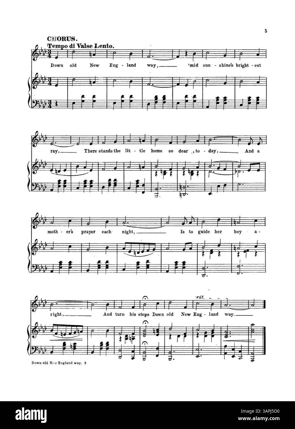 Die Publikation mit dem Titel „Down Old New England Way“ enthält ein beschreibendes Lied und Anzeigen für E.T. Paulls Musiksammlungen, mit musikalischen Ausschnitten auf der Innenseite und auf der Rückseite. Stockfoto