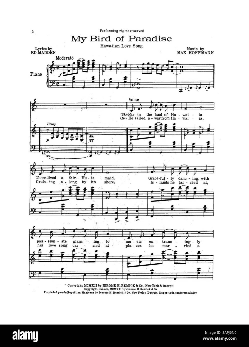 Bird of Paradise ist ein Duett für männliche und weibliche Stimmen mit Klavier, mit Texten von Edward Madden und Musik von Max Hoffmann. Es wurde von Gertrude Hoffmann in der Broadway-to-Paris-Inszenierung der Shubert-Theatergruppe aufgeführt. Stockfoto