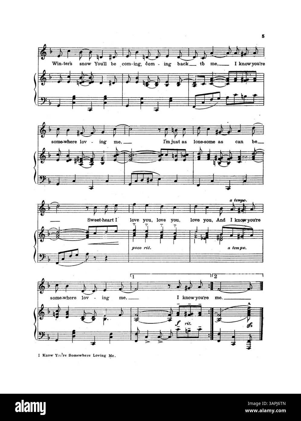 Dieses Dokument, das Teil der Sammlung der University of Oregon Libraries ist, enthält den Song I Know You’re Somewhere Loving Me von Clarice Manning und Mary M. Hopkins. Es enthält musikalische Auszüge aus anderen Werken wie „Just Because IT’s You“ und „Love, Let Me Dream On Forever“ mit Werbung für Verlage. Stockfoto