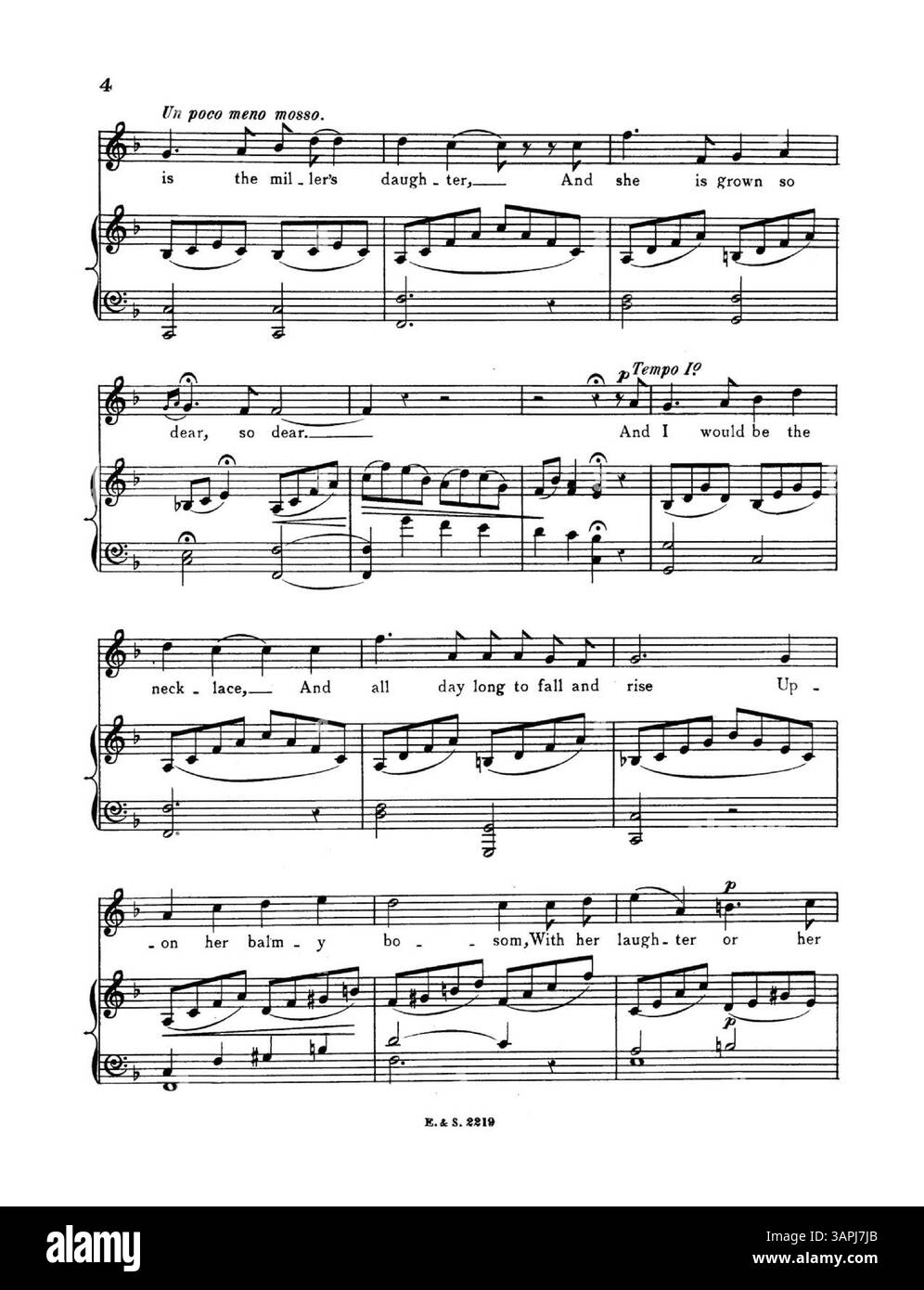 Das Notenblatt zu The Miller's Daughter, gesungen von Mr. Charles Chilley, mit den Texten von Lord Tennyson und Musik von Ellen Wright. Das Cover enthält Werbung für neue Lieder und Publikationen, mit musikalischen Ausschnitten im Inneren. Nummernschild: E.&S. 2219. Version 2 in F. die Farbdarstellung im digitalen Bild kann vom Original abweichen. Stockfoto