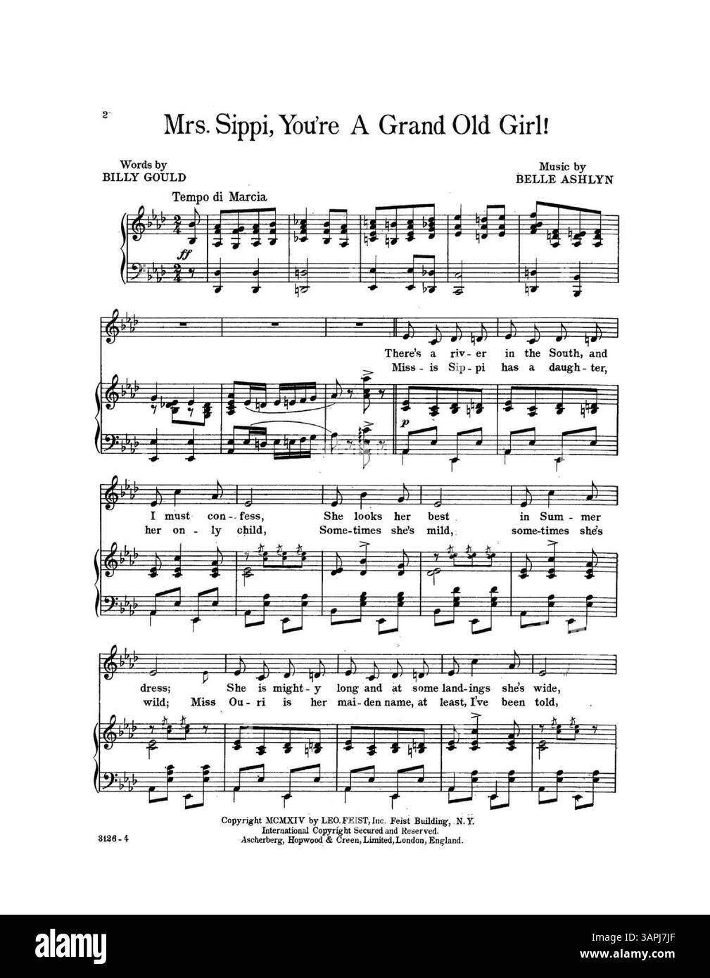 Mrs. Sippi You're a Grand Old Girl, University of Oregon Libraries; auf der Rückseite befindet sich eine ganzseitige Werbung, die ursprünglich in „The Saturday Evening Post“ veröffentlicht wurde und Lieder von Leo Feist Inc. Wirbt. Auf den Innenseiten sind Werbung für Lieder wie „A Zut Alors“, „The Uriel Maxixe“ und „Chapel Chimes“ aus dem Stück „Pretty Mrs. Smith“ aufgeführt. Stockfoto