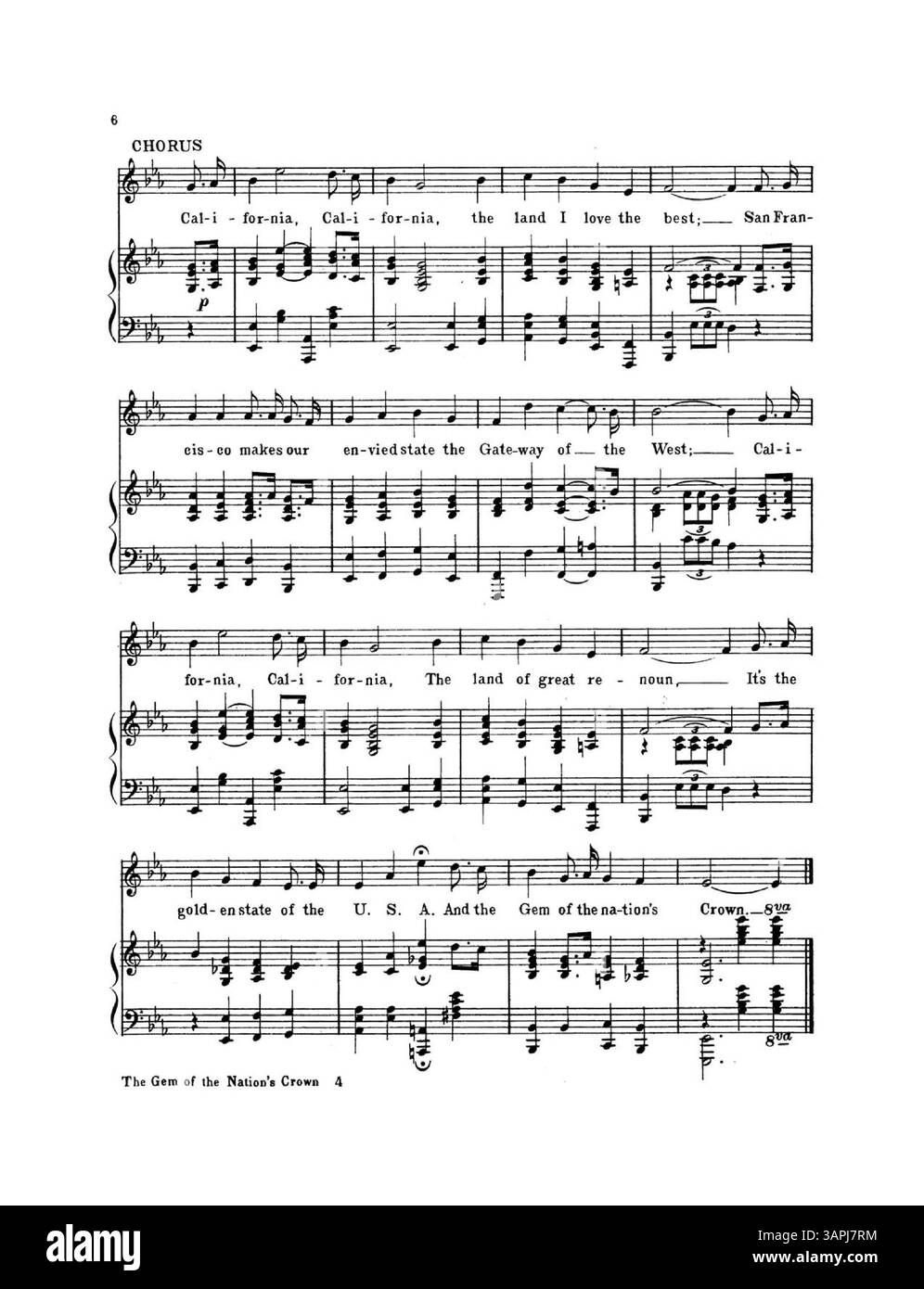 The Gem of the Nation's Crown, California, ist ein Musikwerk mit Worten und Musik von Roxana Wales Weihe, gesungen von Bariton Frederick G. Harrison Jr. Es ist den Native Sons of the Golden West gewidmet und feiert das kalifornische Erbe und den amerikanischen Westen. Stockfoto