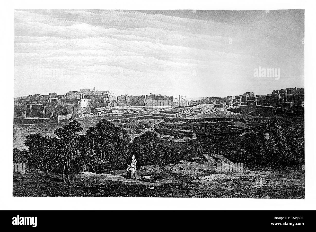 Kupferstich der biblischen Stadt Bethlehem mit der Geburtskirche nach einem Foto von J. Cramb von E. Radclyffe Antique Practi aus dem 19. Jahrhundert Stockfoto