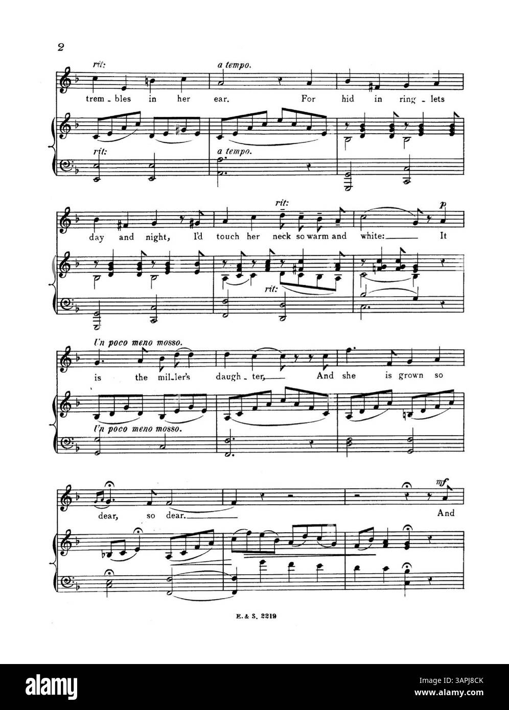 Das Notenblatt zu The Miller's Daughter, gesungen von Mr. Charles Chilley, mit den Texten von Lord Tennyson und Musik von Ellen Wright. Das Cover enthält Werbung für neue Lieder und Publikationen, mit musikalischen Ausschnitten im Inneren. Nummernschild: E.&S. 2219. Version 2 in F. die Farbdarstellung im digitalen Bild kann vom Original abweichen. Stockfoto