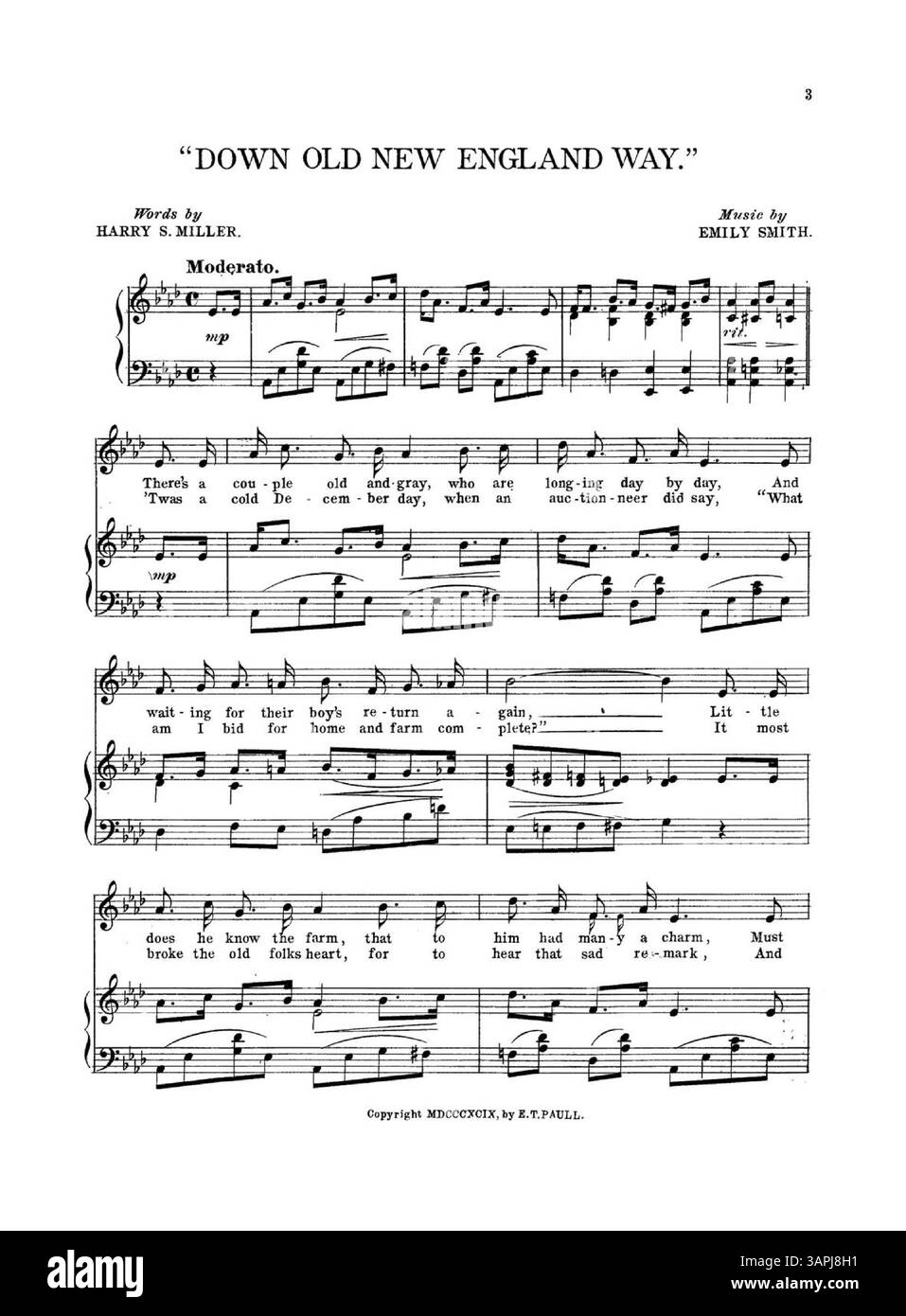 Diese musikalische Publikation enthält das Cover von „A Beautiful Descriptive Story Song“ und enthält Anzeigen auf der Innenseite und Rückseite für E.T. Paulls Musiksammlungen, die verschiedene Klavierstücke zeigen. Stockfoto