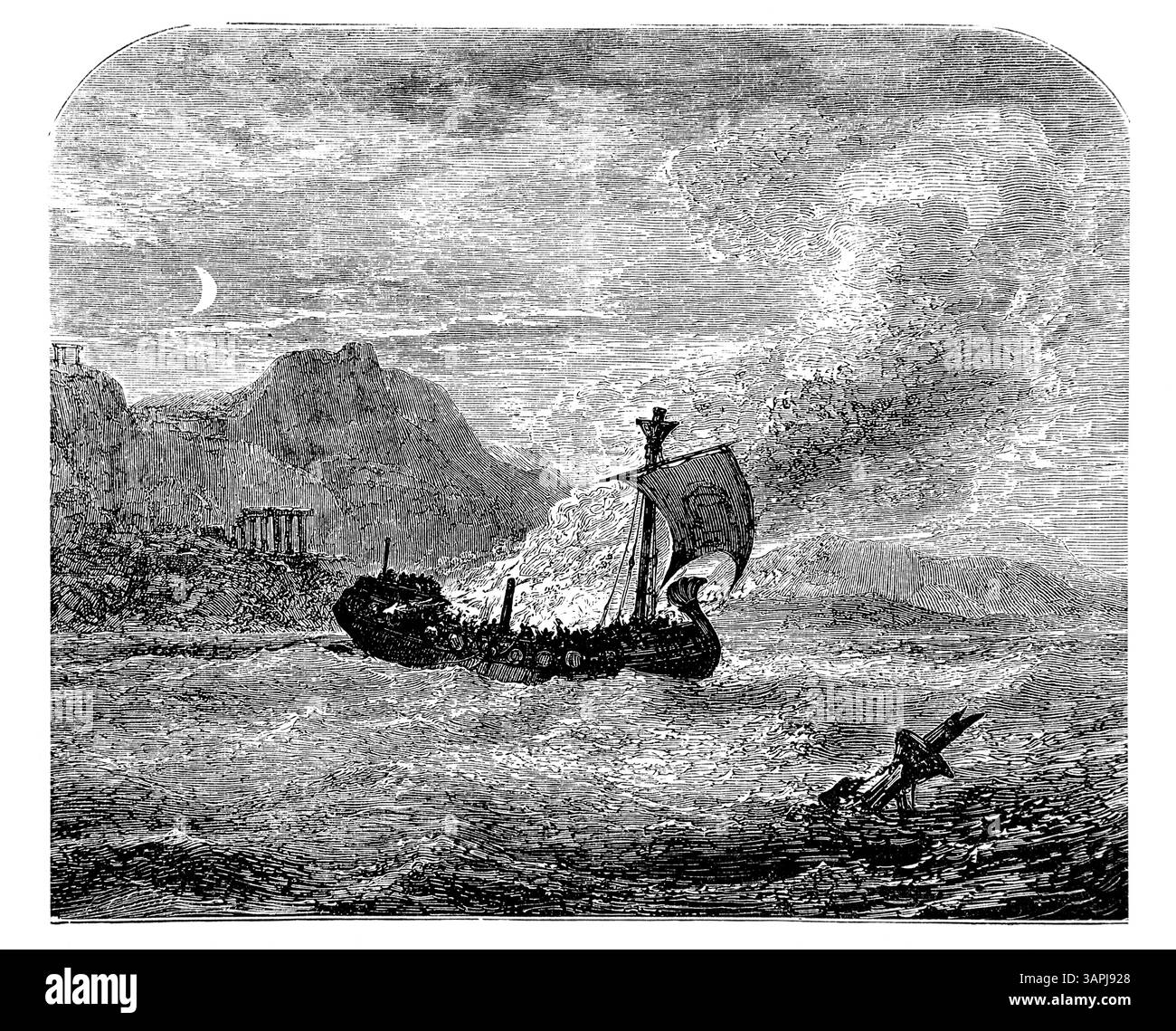 Abbildung des Schiffes, das mit Brandlasten gefüllt und mit den Christen, den Märtyrern Rusticus, Severus, Liberatus, Rogatus, Servus, Stockfoto