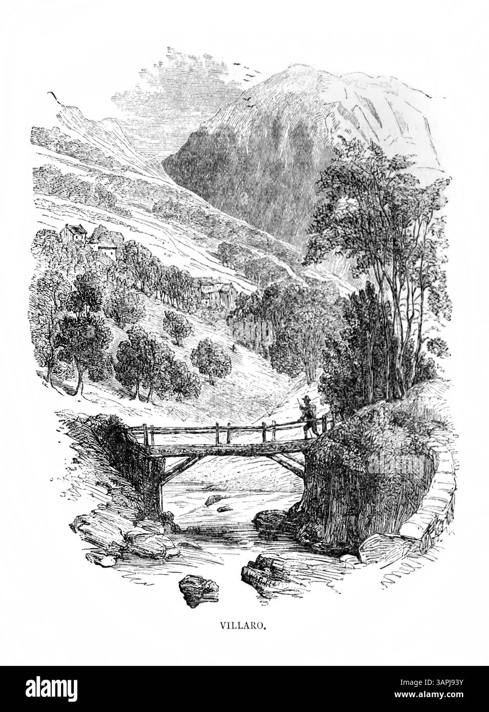 Illustration von Villaro einer der vielen Orte der Verfolgung der Protestanten während der Verfolgung der Täler des Piemont im 17. Jahrhundert Stockfoto