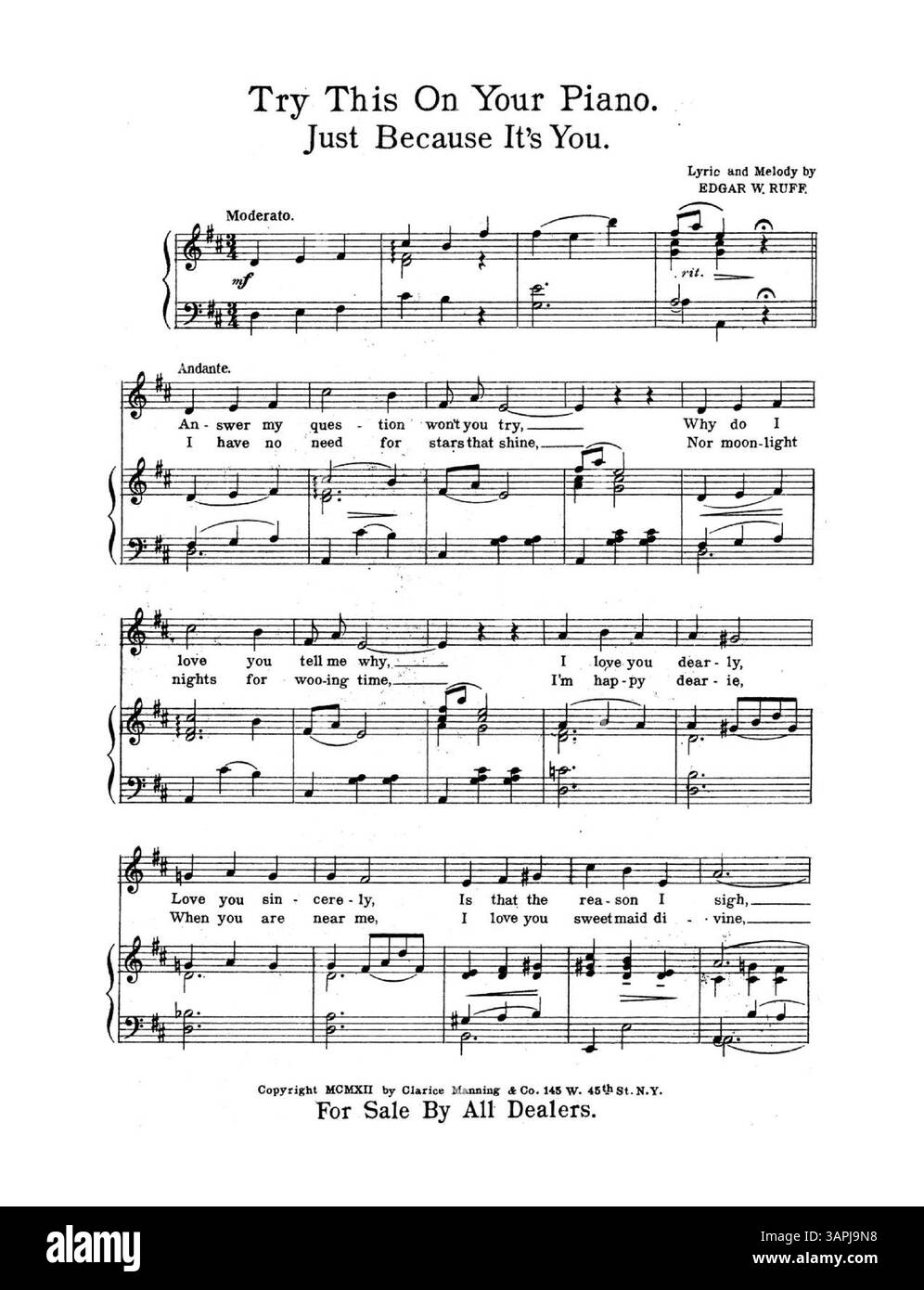Das Dokument der University of Oregon Libraries präsentiert ein Musikstück mit Texten von Clarice Manning und Mary M. Hopkins sowie Musik von Mary M. Hopkins. Enthalten sind musikalische Auszüge aus „Just Because IT’s You“ und „Love, Let Me Dream On Forever“ mit Werbung für Musikverlage auf der Vorder- und Rückseite. Stockfoto