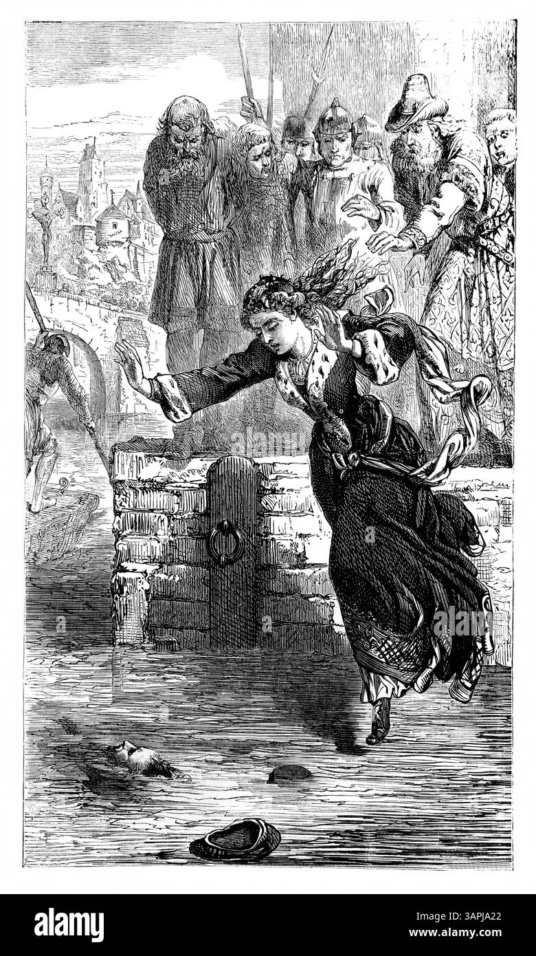 Abbildung von Pichel, einem päpstlichen Magistrat, mit seiner Tochter, die in den Fluss sprang – Pichel nahm 24 Protestanten ein, einer war der Ehemann seiner Tochter er Stockfoto