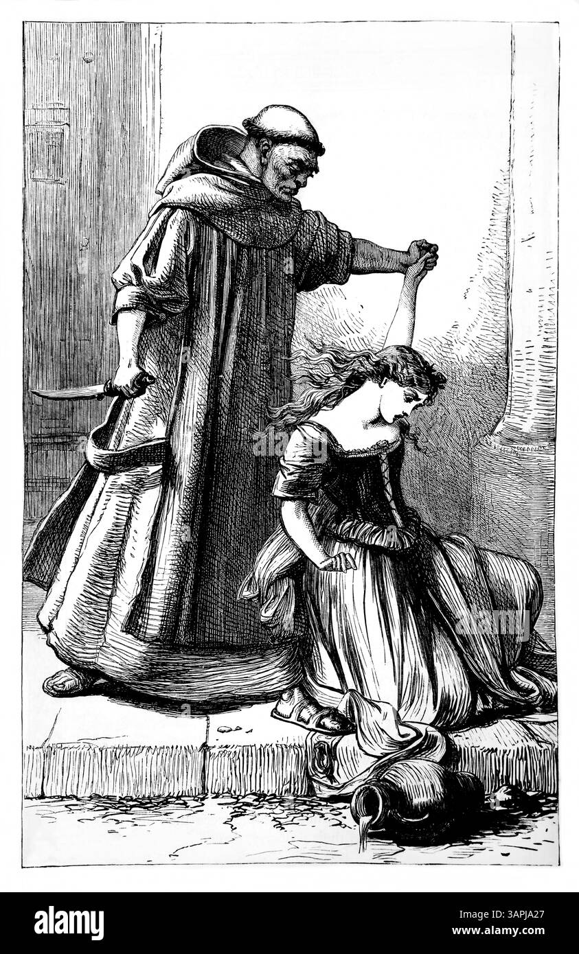 Illustration eines Kardinals Alexandrino-Mönchs, der eine Waldenser-Frau tötet, eines Bewohners von La Garde, gezeichnet von Paulo Priolo und graviert von W.L.Thomas Stockfoto