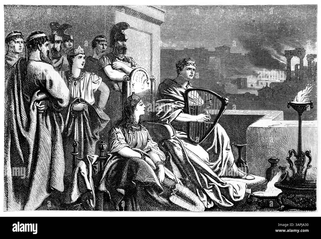 Kaiser Nero spielt die Harfe und singt im Maecenas-Turm, während er die Stadt Rom im Jahr 64 n. Chr. bei der ersten Verfolgung von Christen beobachtet Stockfoto