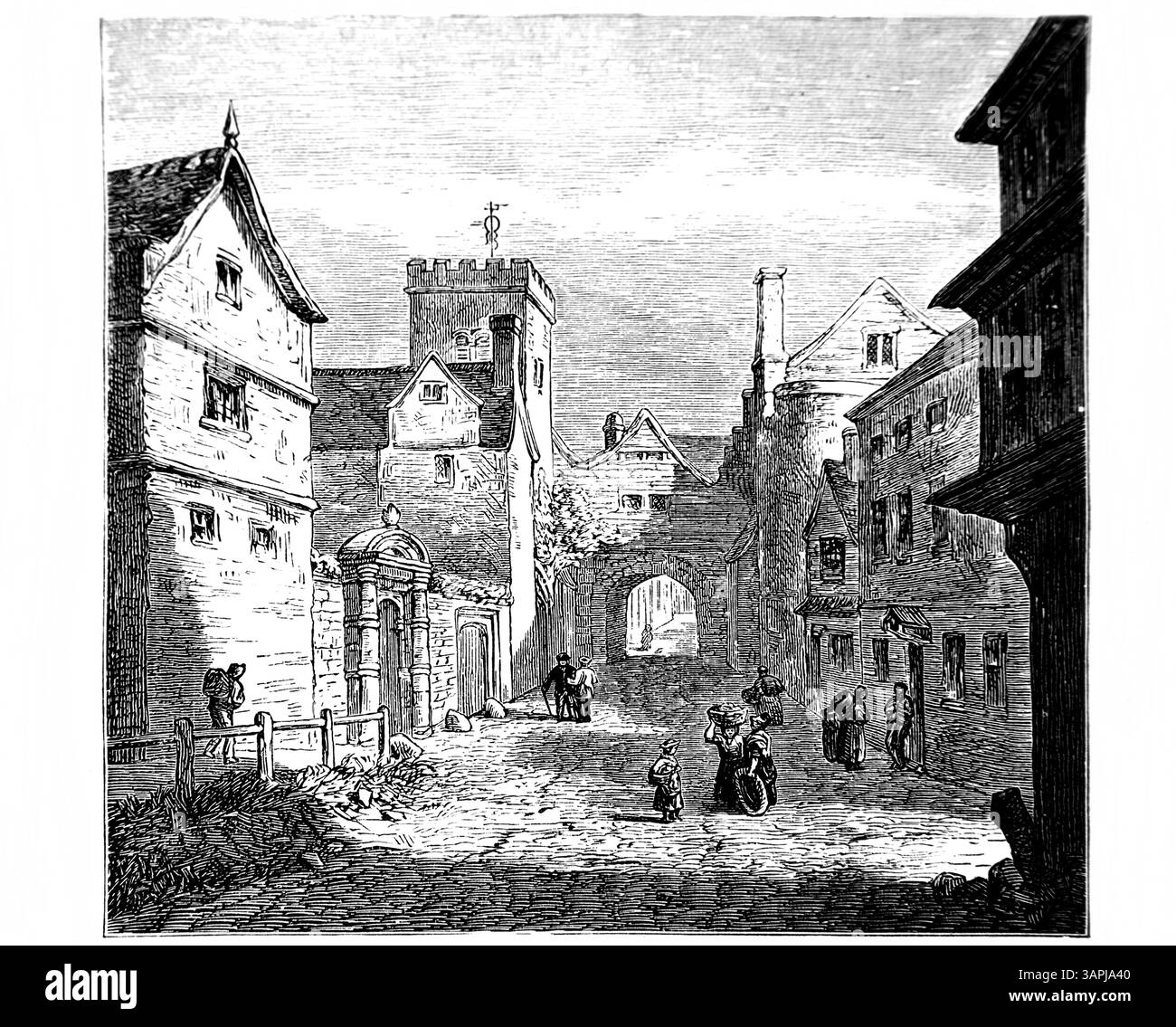 Illustration von North Gate Oxford während der Zeit der marianischen Verfolgung der Oxford Märtyrer im Jahre 1555 aus Antique The 1866 Edition von Foxe's Boo Stockfoto