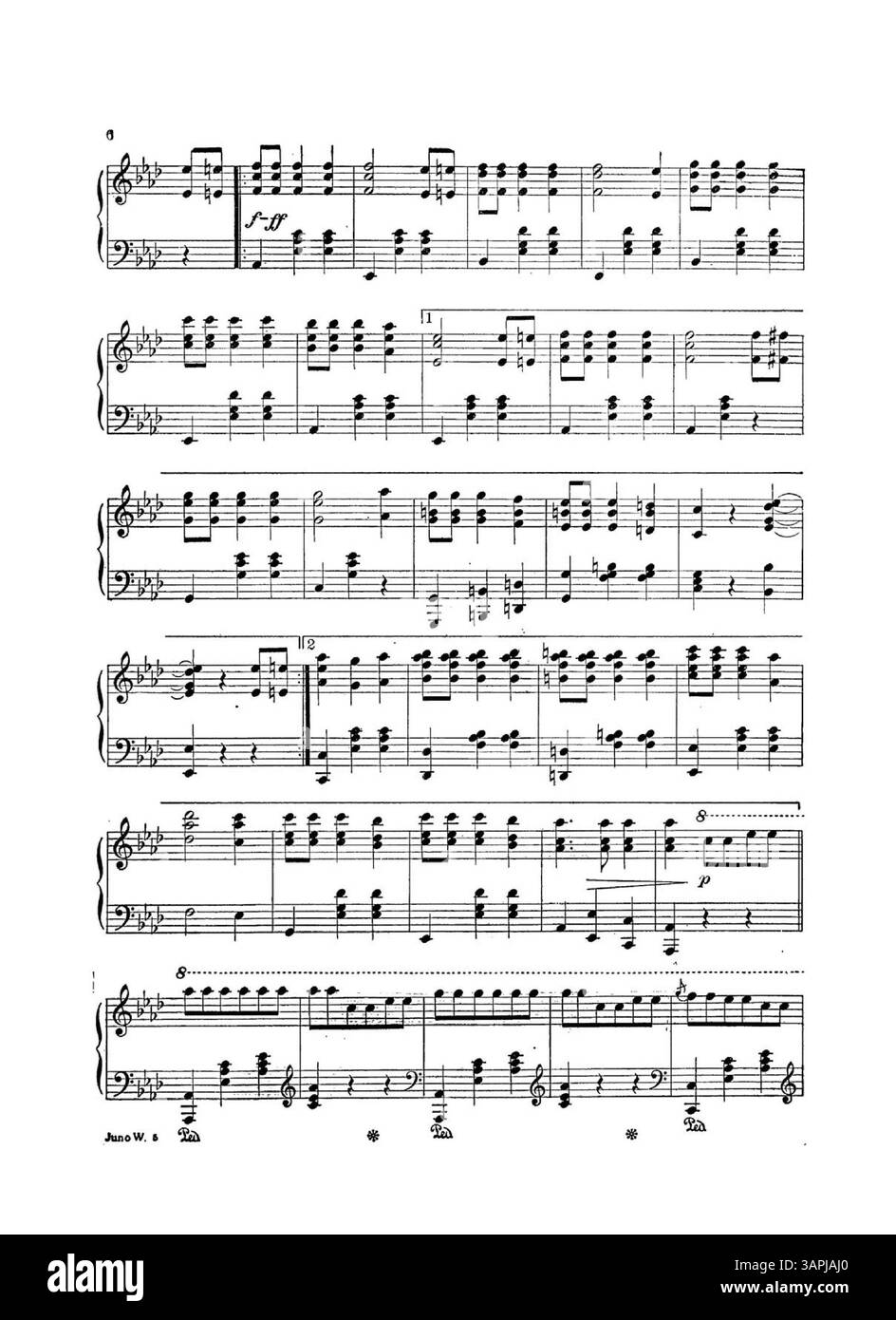 Der „Juno Walz“ ist der Sopranistin Wilmina Hammann gewidmet. Das Cover ist mit einer Widmung versehen, auf der Innen- und Rückseite sind Werbung für musikalische Ausschnitte aus Liedern wie „Sabbath Chimes“, „Powder Rag“ und „Love and Roses“ zu sehen. Stockfoto